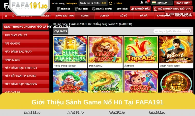 Nổ Hũ FAFA191 1 Giao diện bắt mắt của sảnh game nổ hũ tại FAFA191.